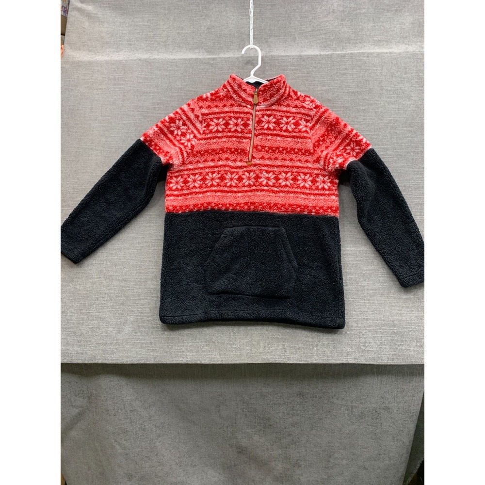 Tees2urdoor Pullover Sweater Medium Red Black Fair Isle Faux Fur Quarter Zip